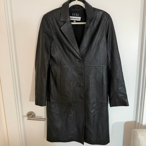 Reformation Veda Crosby 90s Longline Leather Blazer Black Trench Coat Sz Medium - Picture 3 of 13